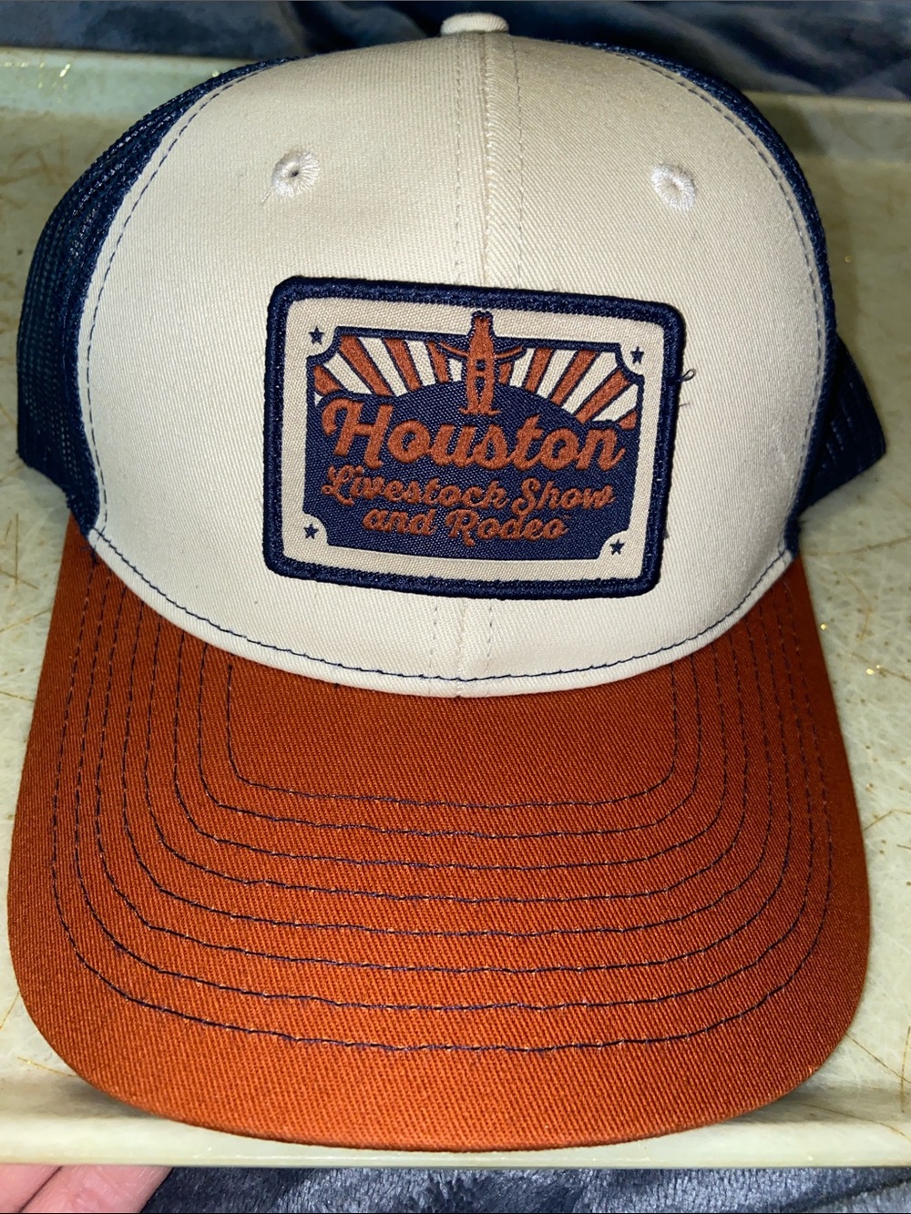 Houston Livestock show and Rodeo Trucker Hat with Rust Brim SnapBack